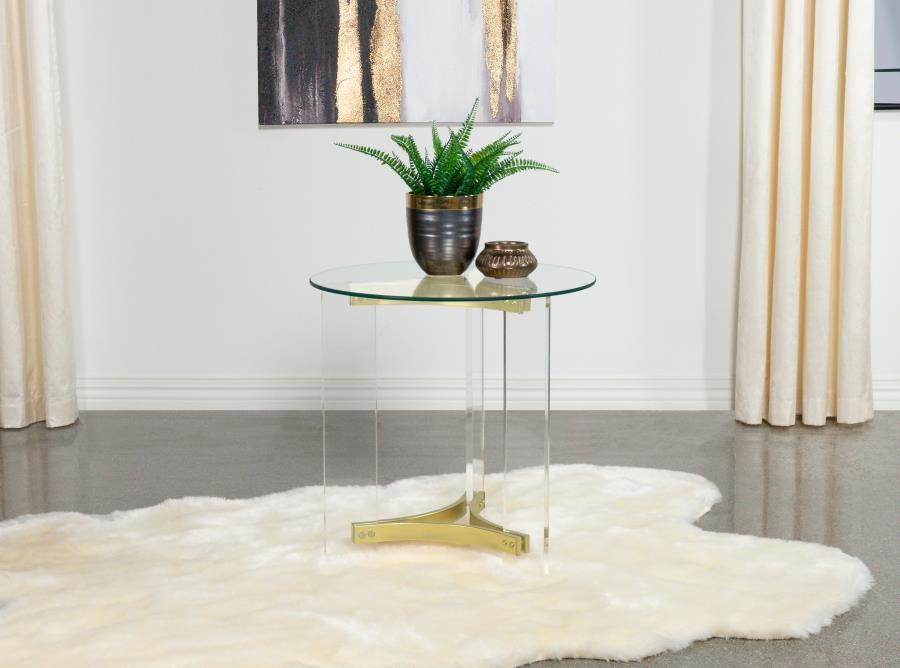 Janessa - Round Glass Top End Table With Acrylic Legs - Clear And Matte Brass - Simple Home Plus