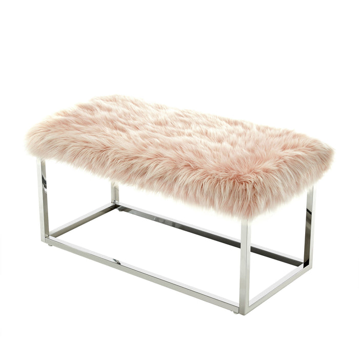 Faux Fur Upholstered Bench - Rose / Silver