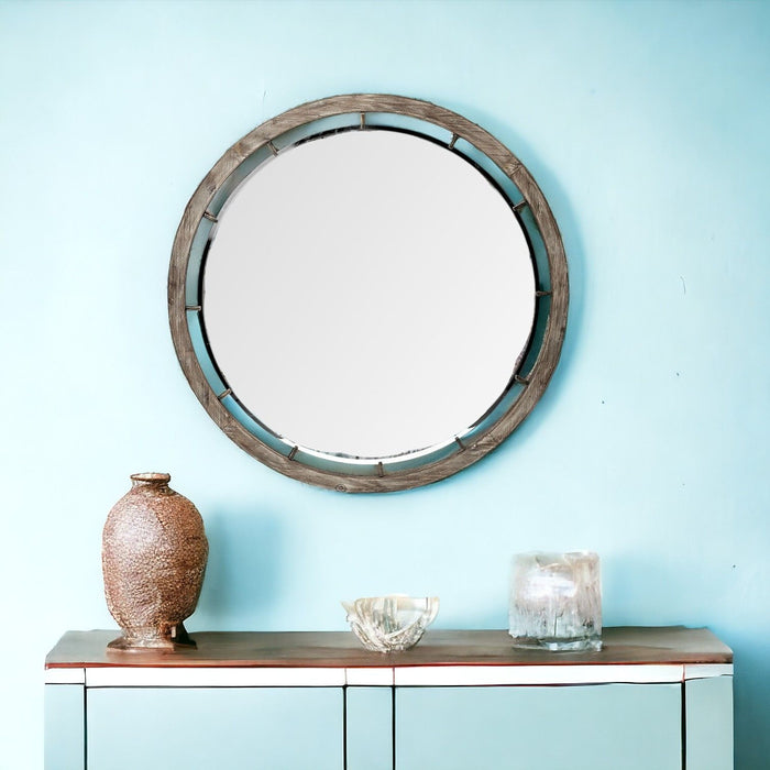 46" Round Wood Frame Wall Mirror - Brown