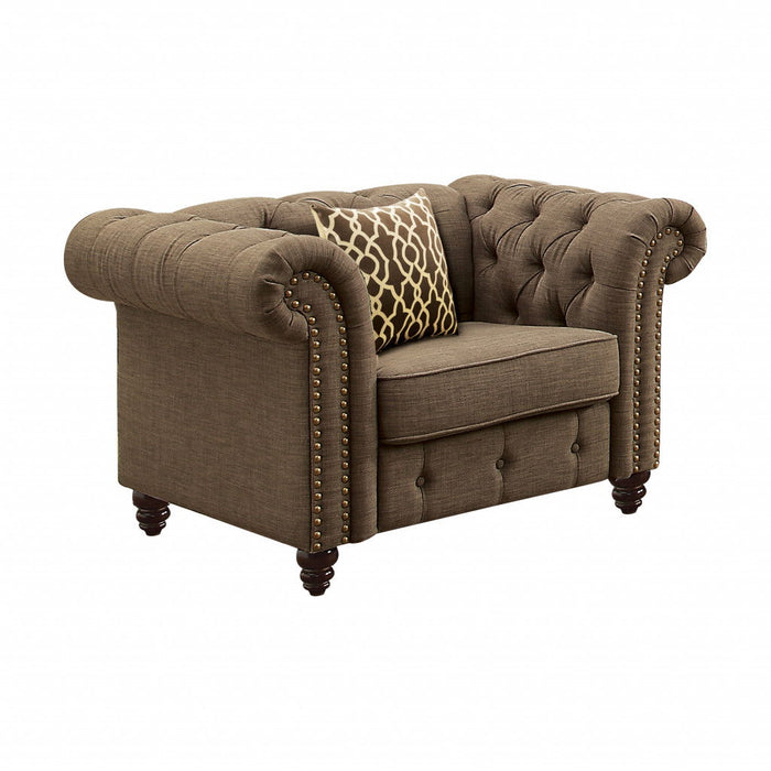 Linen And Black Tufted Chesterfield Chair - Brown