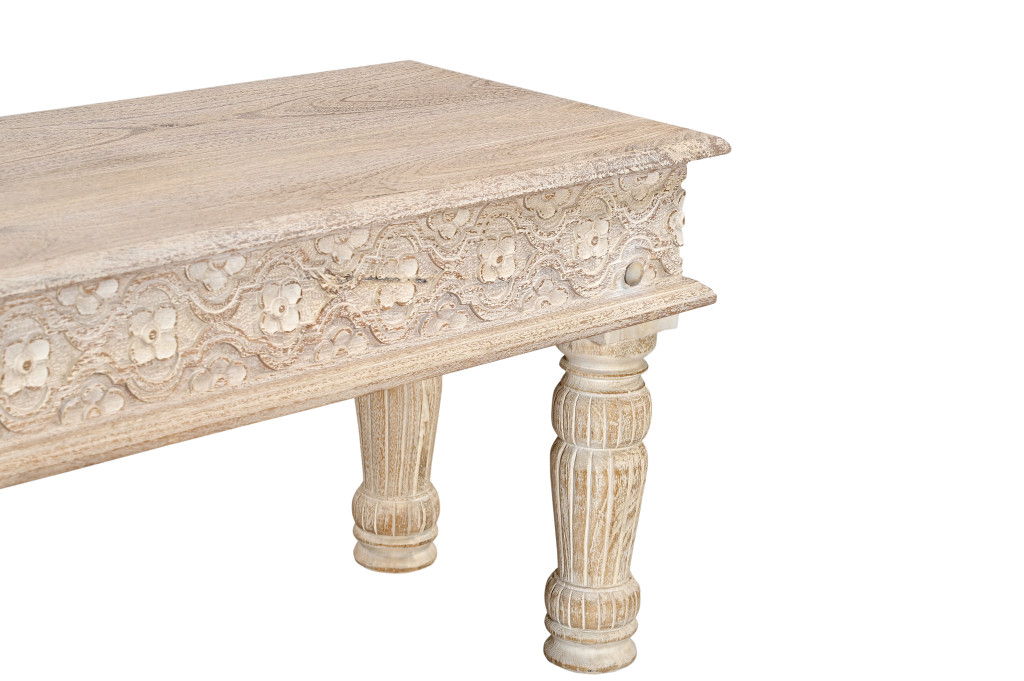 Distressed And Carved Solid Wood Dining Bench - White