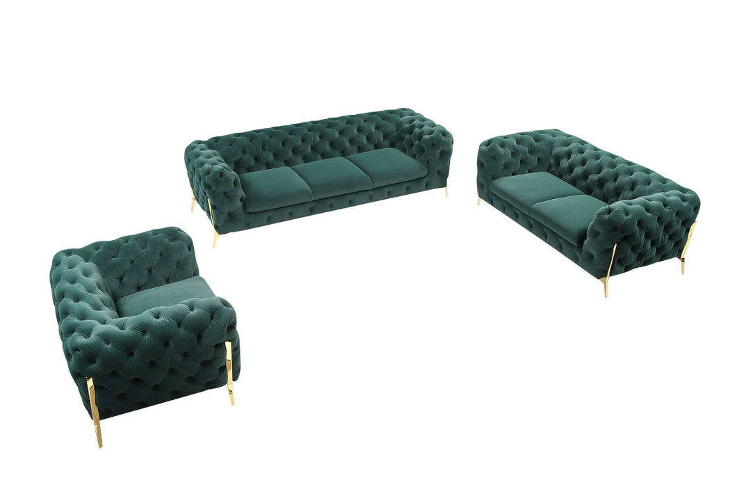 Three Piece Velvet Six Person Seating Set - Green