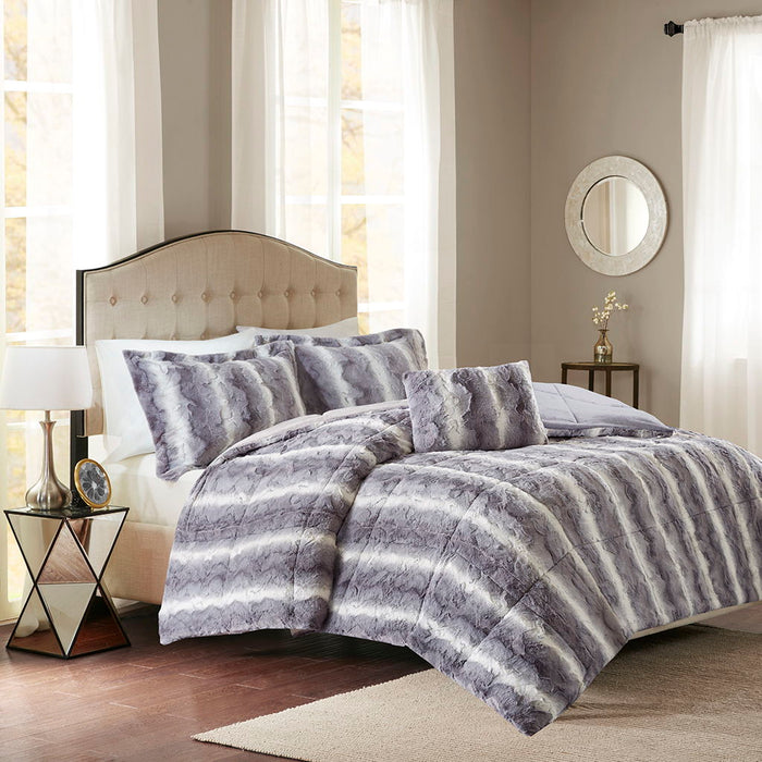 Zuri - 3 Piece Faux Fur Comforter Set - Grey