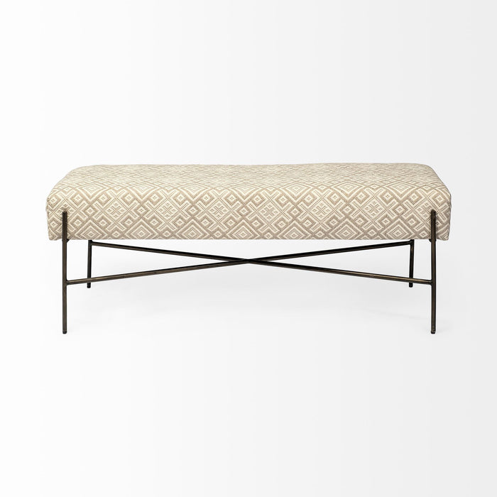 Upholstered Cotton Blend Geometric Bench - Cream / Black