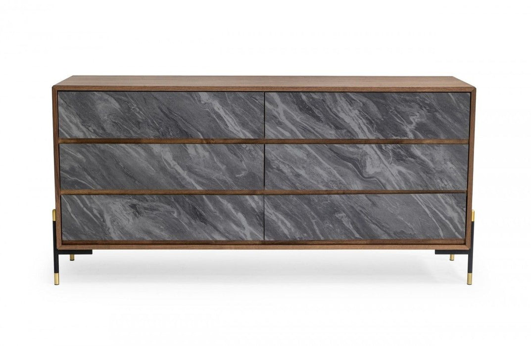 Faux Marble Wood Six Drawer Double Dresser - Walnut And Gray