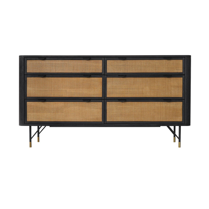 Solid Wood And Rattan Six Drawer Double Dresser - Natural / Black