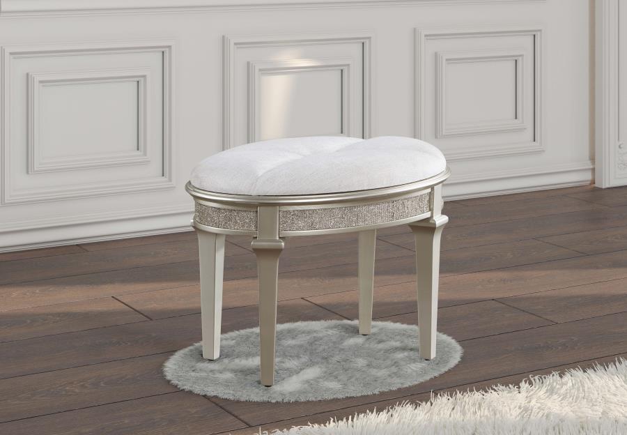 Evangeline - Oval Vanity Stool With Faux Diamond Trim - Silver And Ivory - Simple Home Plus