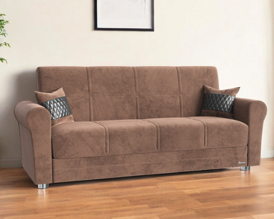 Microfiber Sleeper Sleeper Sofa And Toss Pillows With Silver Legs - Brown