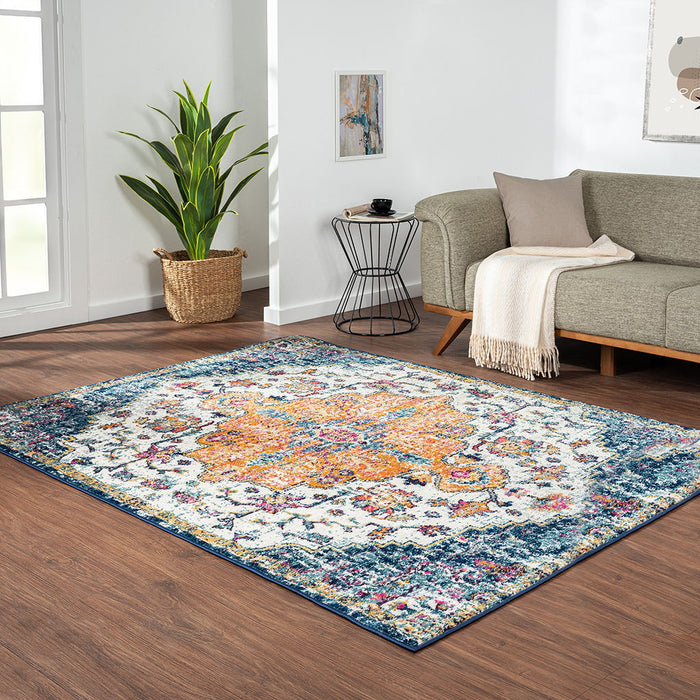 Mateo - Boho Medallion Woven Area Rug - Blue Multi