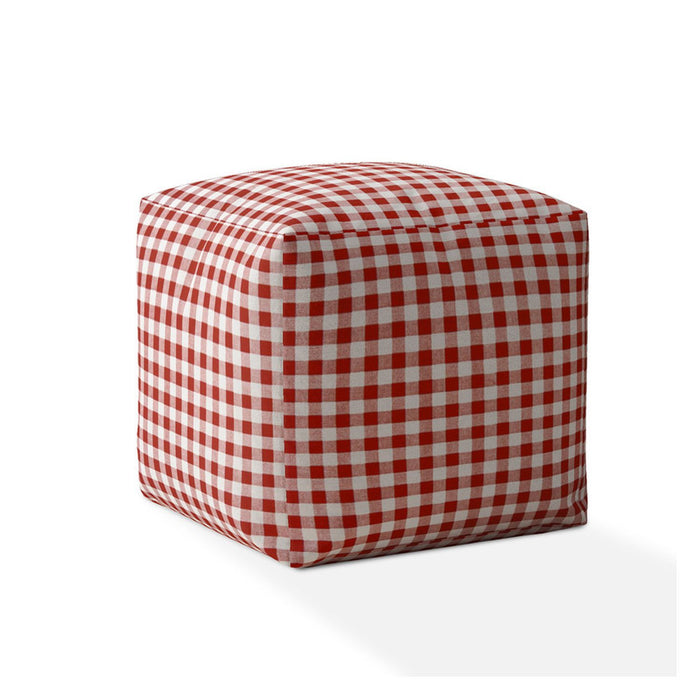 Cotton Gingham Pouf Ottoman - Red / White