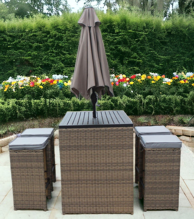 Six Piece Faux Wicker Outdoor Bar Height Table Set With Umbrella And Stools - Brown / Gray