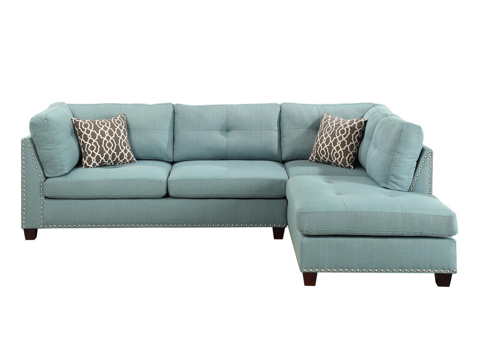 Teal Linen L Shaped Three Piece Sofa And Chaise Sectional And Toss Pillows - Blue