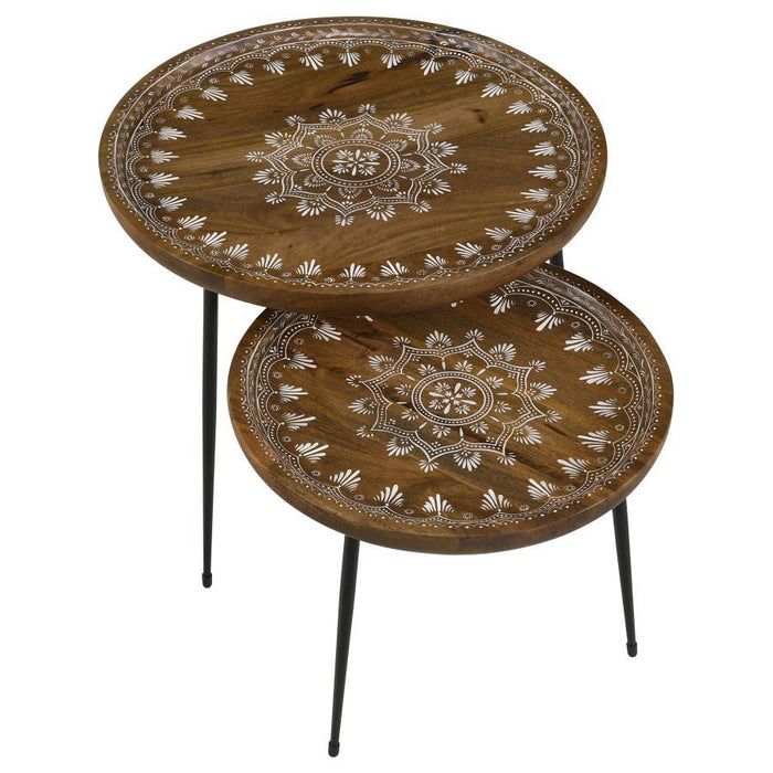 Nuala - 2 Piece Round Nesting Table With Tripod Tapered Legs - Honey And Black - Simple Home Plus