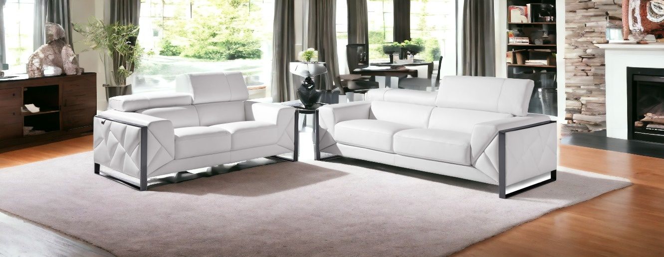 2 Piece Italian Leather Five Person Seating Set Indoor - White