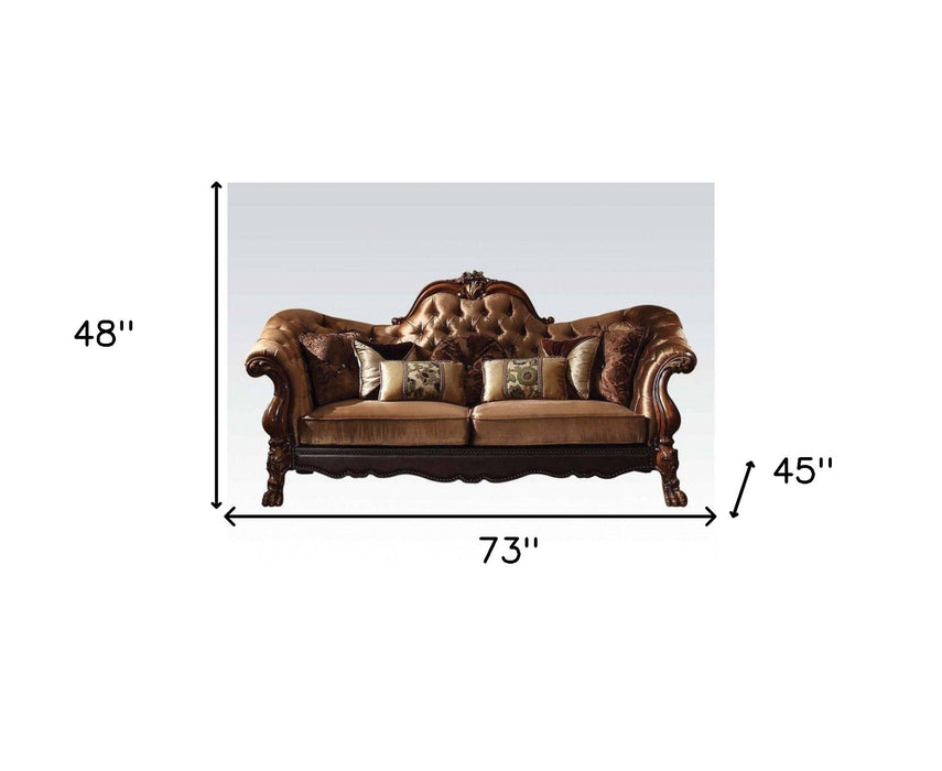 Velvet Chesterfield Loveseat And Toss Pillows - Dark Brown / Brown