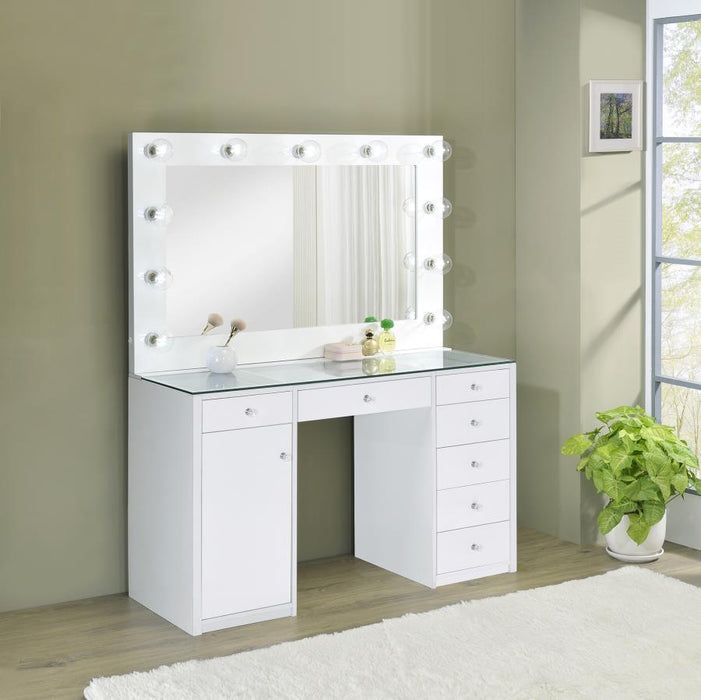 Acena - 7-Drawer Glass Top Vanity Desk With Lighting - White - Simple Home Plus