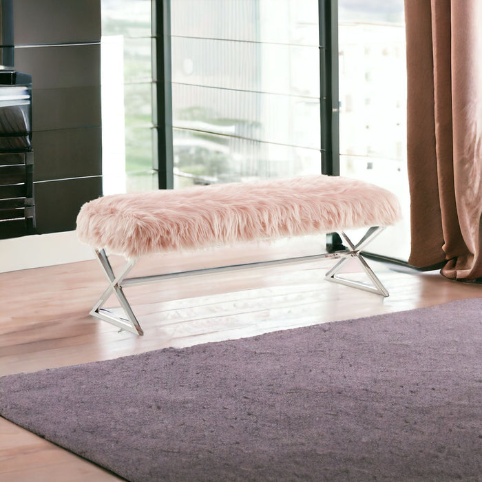 Upholstered Faux Fur Bench - Rose / Silver