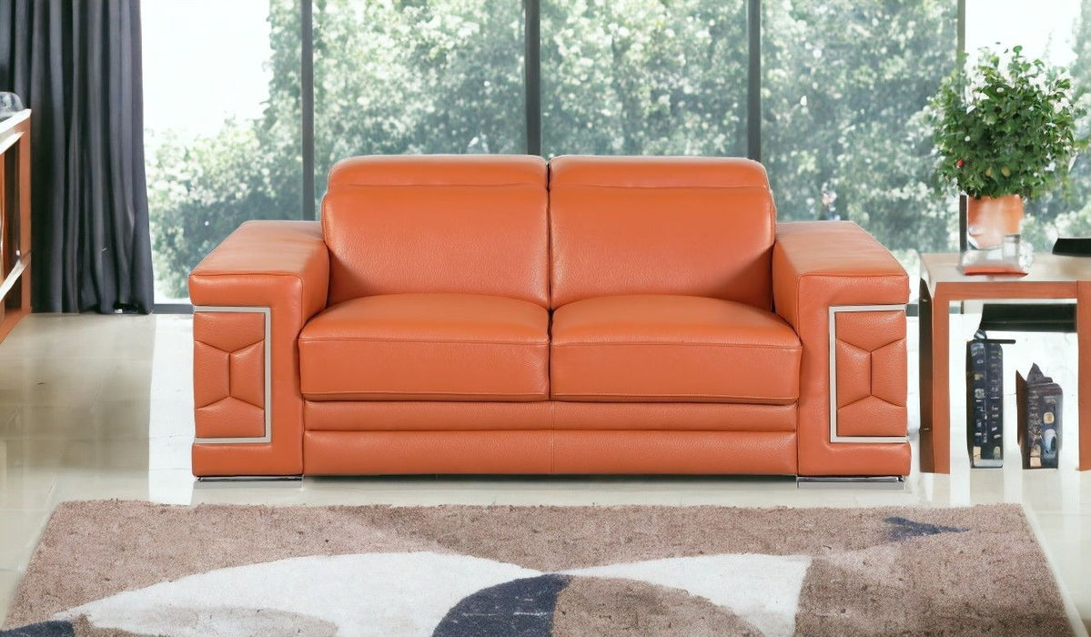 Genuine Leather Love Seat - Camel / Silver