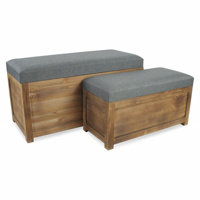 Set Of 2 Rectangular Linen Fabric And Wood Storage Benches - Gray