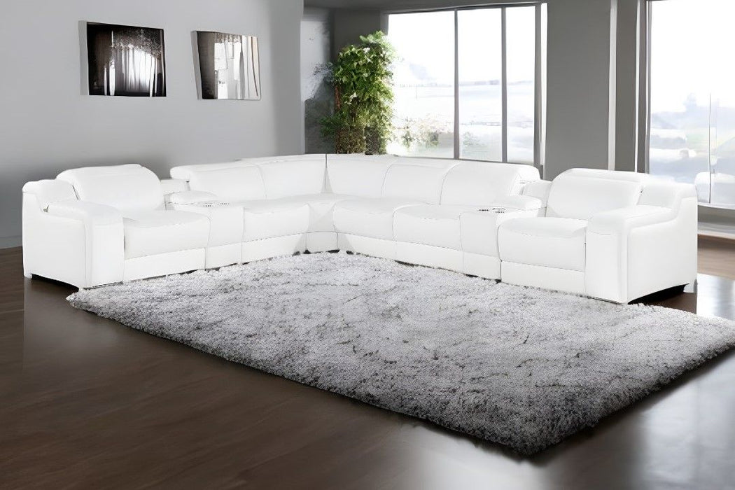 Italian Leather Power Reclining L Shaped Eight Piece Corner Sectional With Console - White