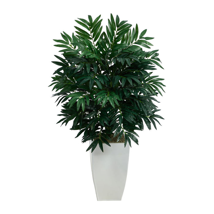 3' Bamboo Palm Artificial Plant in White Metal Planter