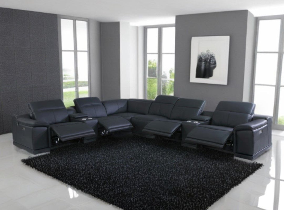 Italian Leather U Shaped Power Reclining Eight Piece Corner Sectional With Console - Black