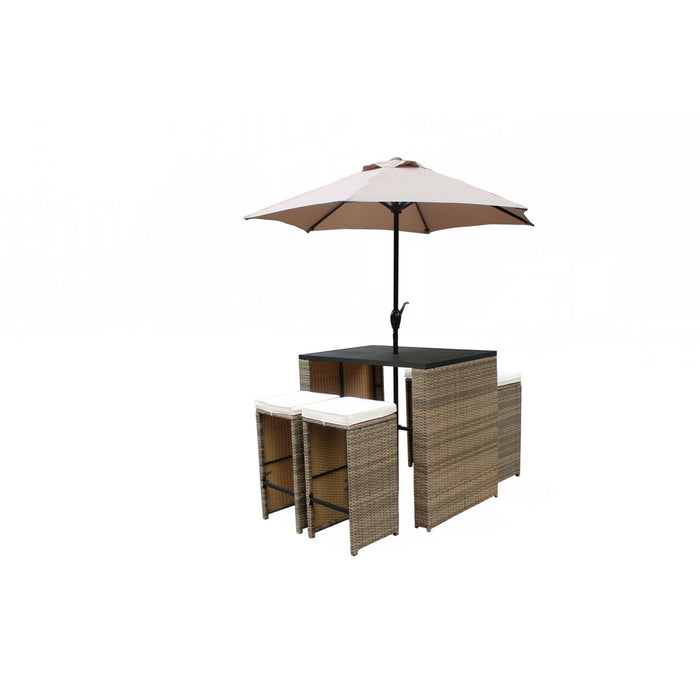 Six Piece Faux Wicker Outdoor Bar Height Table Set With Umbrella And Stools - Brown / Tan