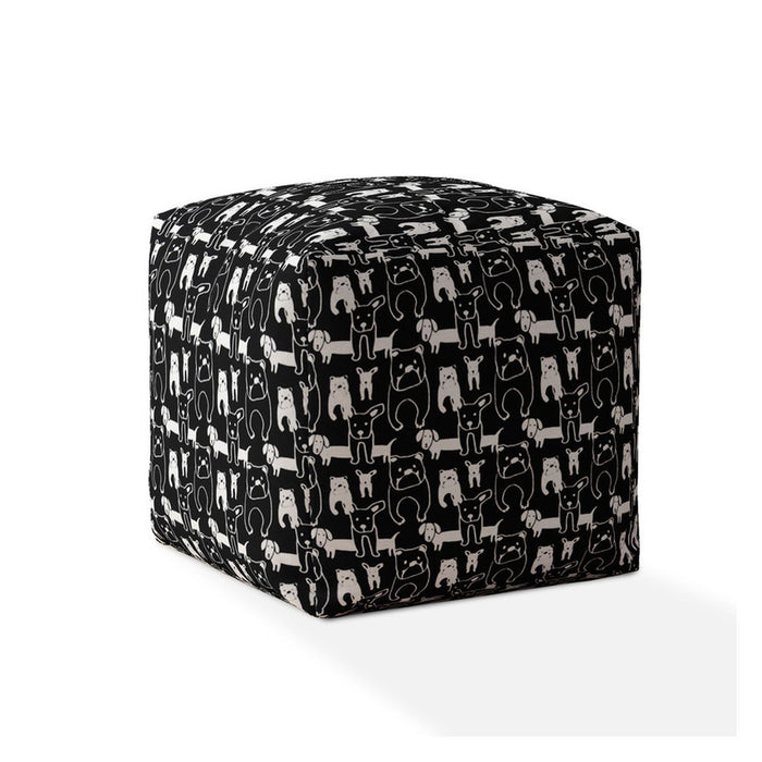 Cotton Animal Print Pouf Ottoman - Black