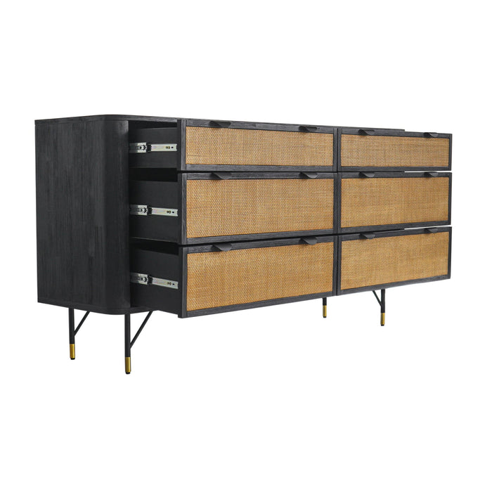 Solid Wood And Rattan Six Drawer Double Dresser - Natural / Black