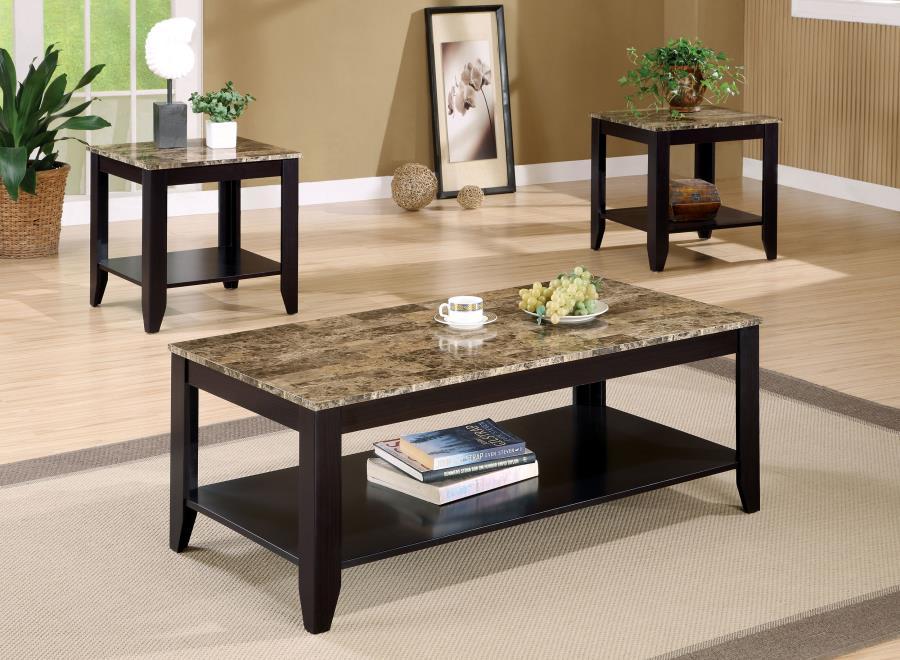 Flores - 3 Piece Occasional Table Set With Shelf - Cappuccino - Simple Home Plus