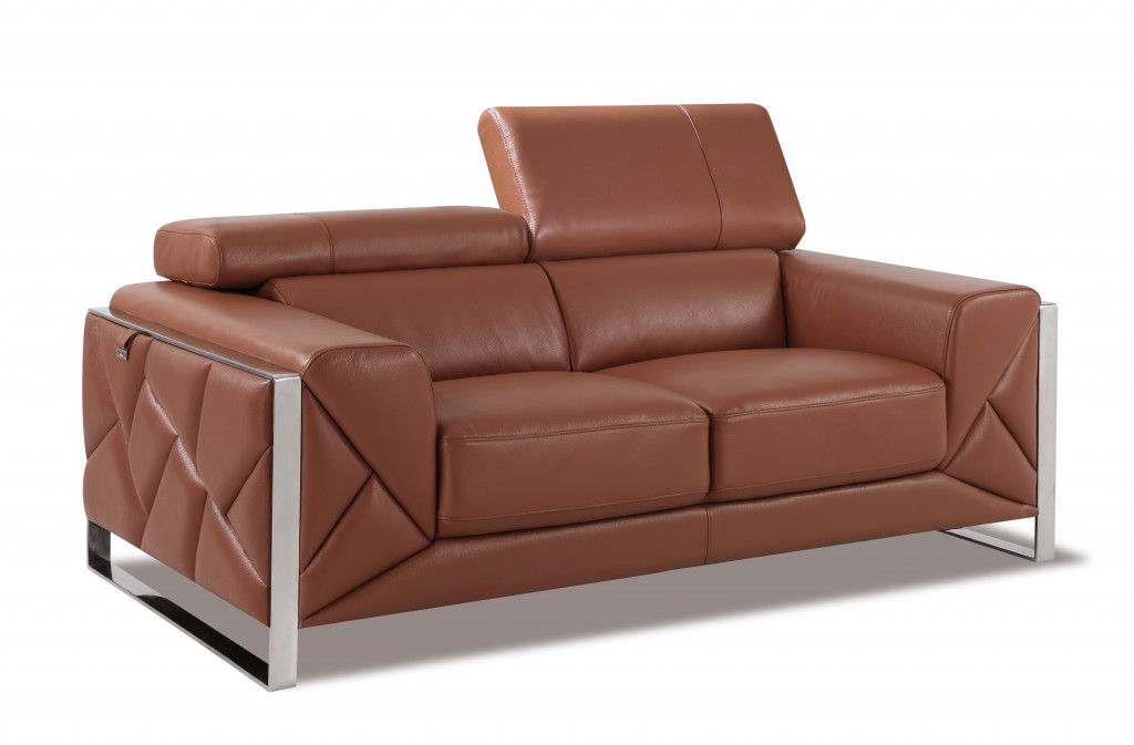 Italian Leather Loveseat - Camel / Silver