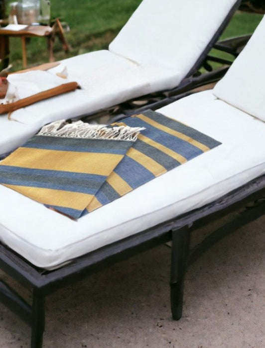 Striped Turkish Towel Beach Blanket - Denim Blue / Yellow