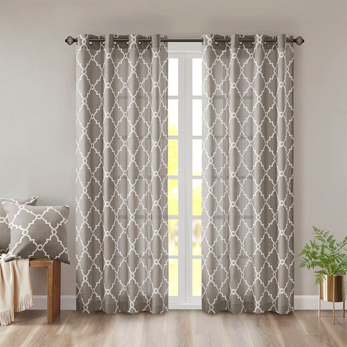 Saratoga - 108" Fretwork Print Grommet Top Window Curtain - Gray