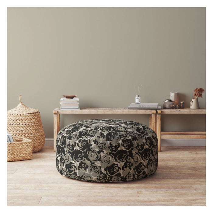 Canvas Round Floral Pouf Ottoman - Beige