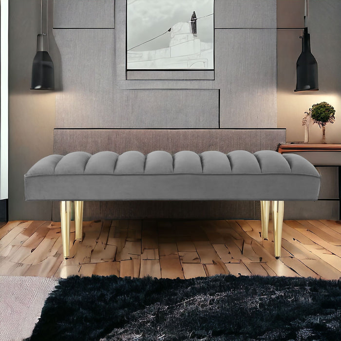 Upholstered Velvet Bench - Light Gray / Gold