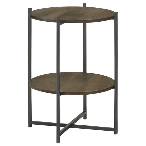 Axel - Round Accent Table With Open Shelf - Natural And Gunmetal - Simple Home Plus