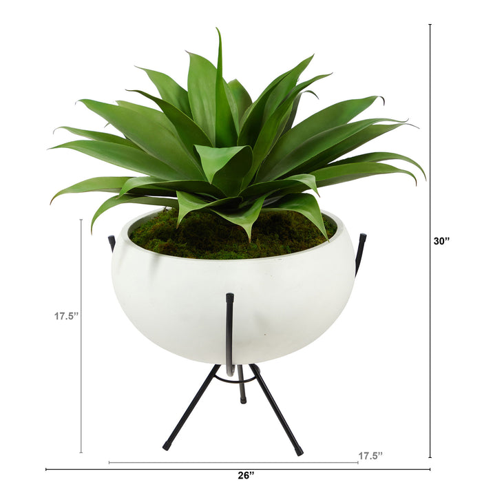 30" Agave Succulent Plant in White Planter with Metal Stand