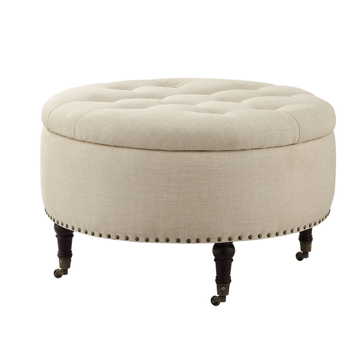 Linen Rolling Tufted Round Storage - Beige / Brown