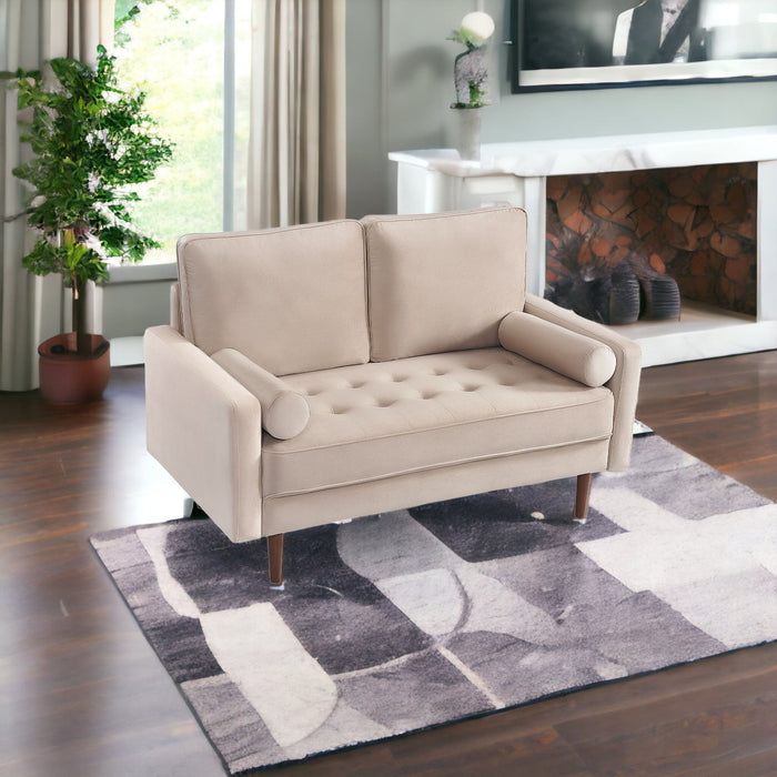 Brown Velvet Loveseat And Toss Pillows - Beige / Dark