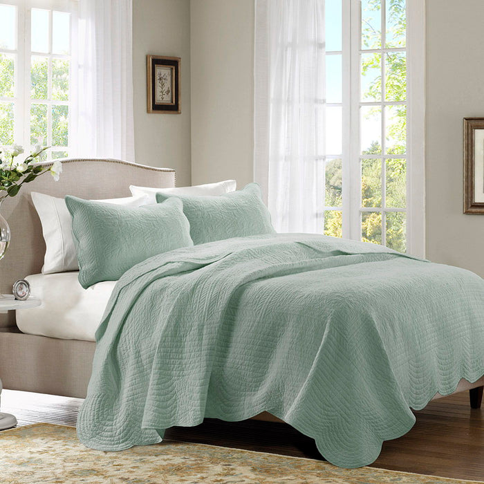 Tuscany - 3 Piece Reversible Scalloped Edge Coverlet Set - Seafoam