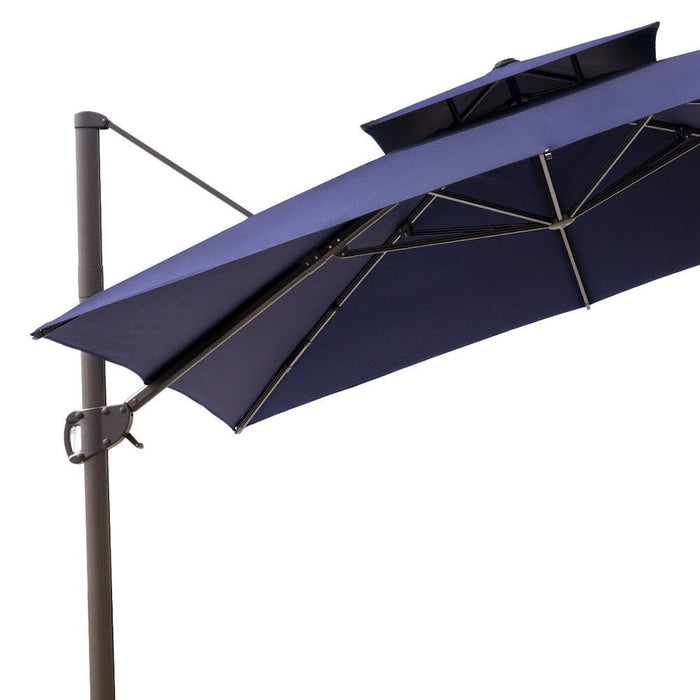 Polyester Round Tilt, Cantilever Patio Umbrella With Stand - Navy Blue