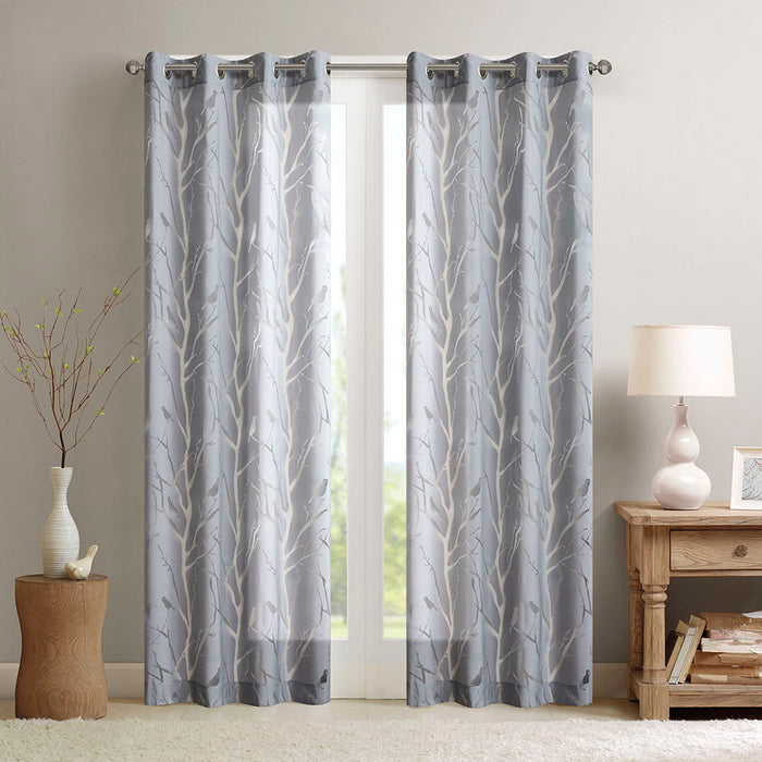 Averil - 84" Grommet Top Sheer Bird On Branches Burnout Window Curtain - Gray