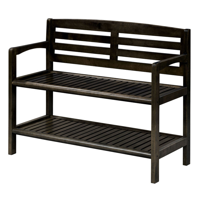 Solid Wood Slat Bench With High Back And Shelf - Espresso Finish