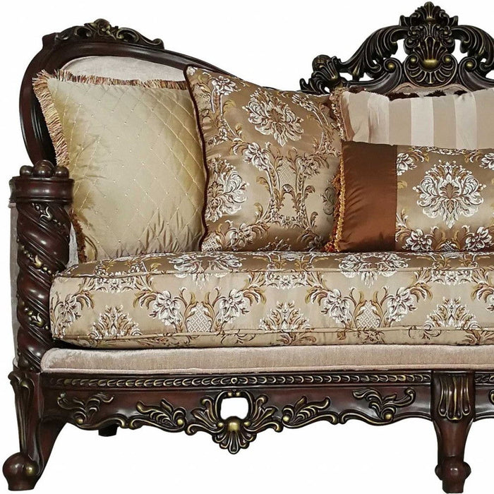 Polyester Blend Floral Sofa And Toss Pillows With Dark Brown Legs - Beige