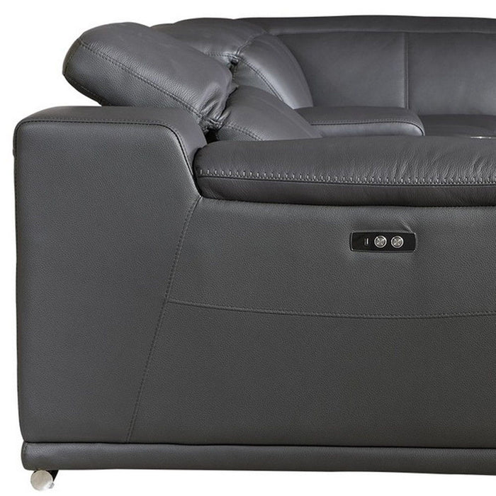 Italian Leather Power Reclining U Shaped Six Piece Corner Sectional With Console - Gray