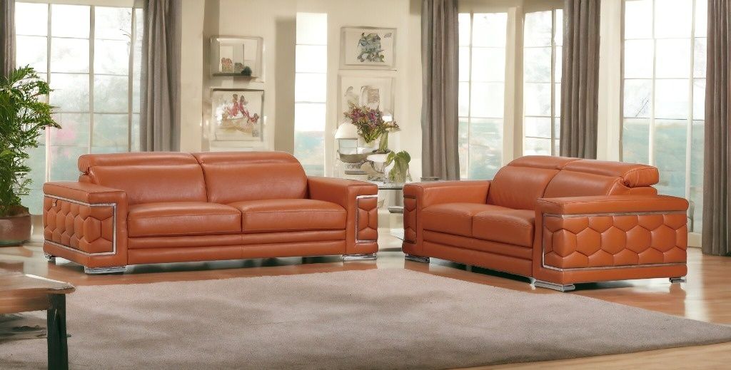 2 Piece Indoor Italian Leather Five Person Seating Set - Camel