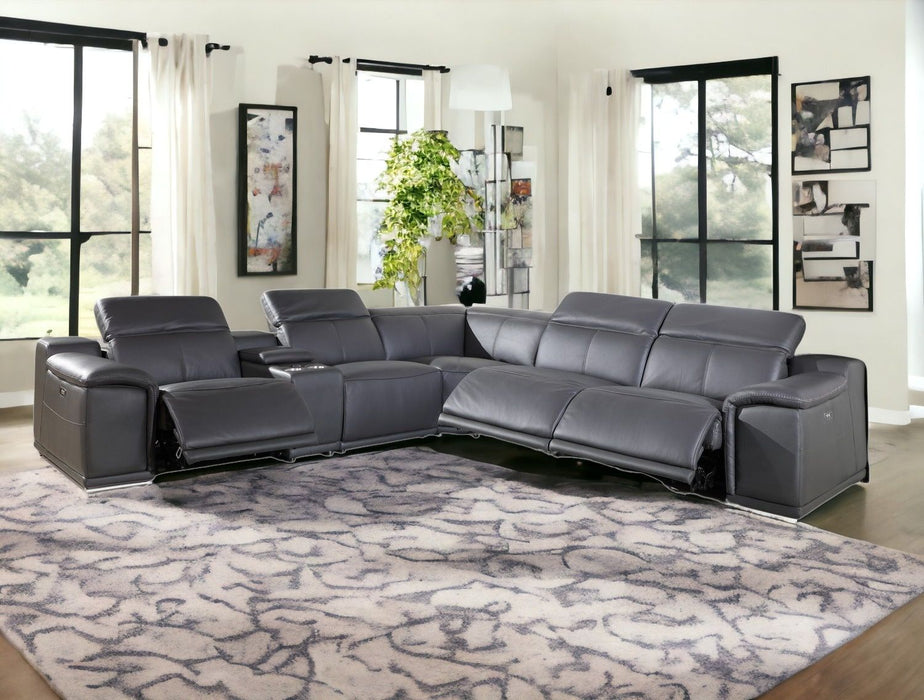 Italian Leather Power Reclining U Shaped Six Piece Corner Sectional With Console - Gray