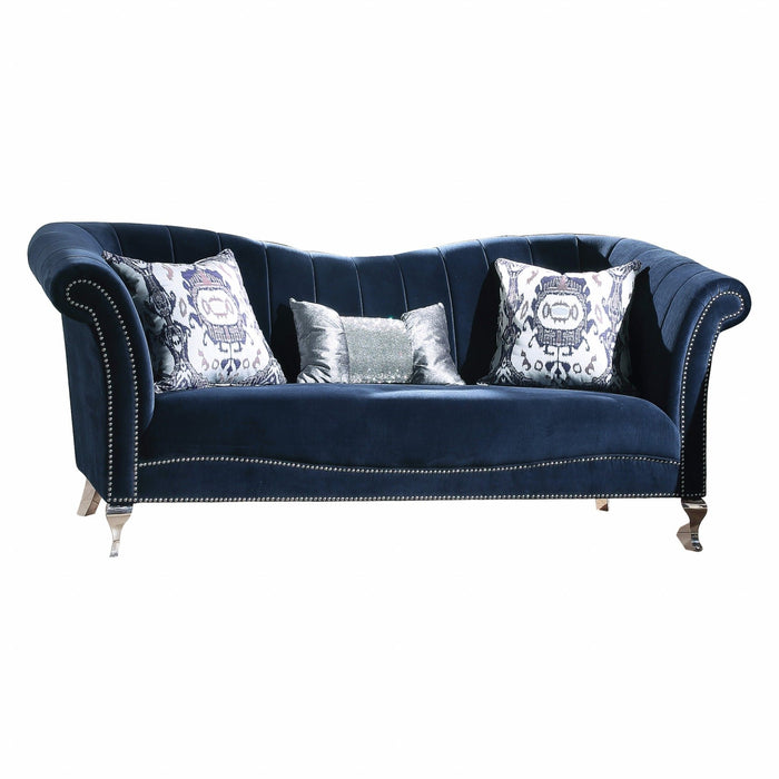 Velvet Curved Settee And Toss Pillows With Silver Legs - Blue