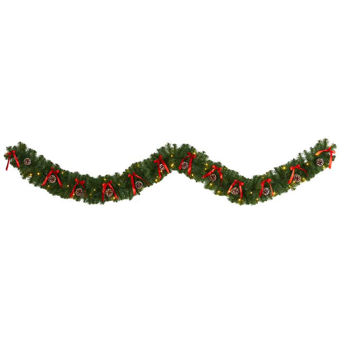 9 Bow and Pinecone Christmas Garland w/35 Clear LED Lights